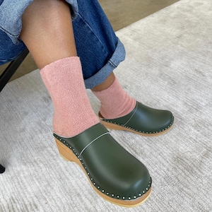 Swedish Green Leather Clogs: Bastad Treontorp Wooden Mules