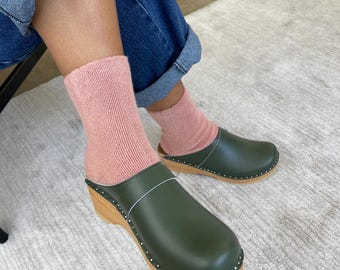 Swedish Green Leather Clogs: Bastad Treontorp Wooden Mules