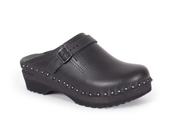 Black Leather Clogs: Adjustable Wooden Work Shoes