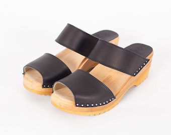 Black Leather Clog Sandals, Swedish Two Strap Open Toe Mules, Karin Veg Tan