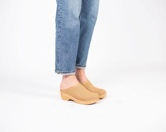 Light Tan Leather Clogs: Swedish Troentorp Mules with Perforations