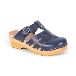 Troentorp Comfy Leather Clog Sandals: Dark Blue Mary Jane Style