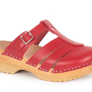 Red Leather Clog Sandals: Swedish Wooden Mules, Adjustable Mary Janes
