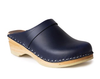 Dark Blue Clogs from Troentorp, Bastad Clogs for Men and Women, Handmade Wooden Clogs