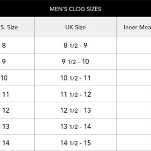 May include: A chart showing men's clog sizes in European, US, and UK sizes. The chart also includes the inner measurement of the clog in millimeters and inches.