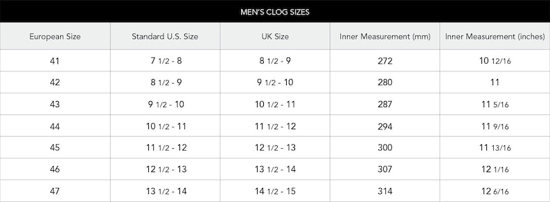 May include: A chart showing men's clog sizes in European, US, and UK sizes. The chart also includes the inner measurement of the clog in millimeters and inches.