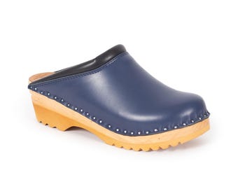 Dark Blue Leather Clogs: Swedish Wooden Work Mules, 5.5cm Heel