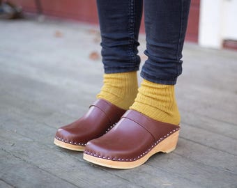 Swedish Clogs: Rusty Brown Leather Mules with Wooden Heel