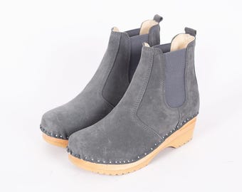 Grey Suede Leather Chelsea Clog Boots - Low Heel Swedish Booties