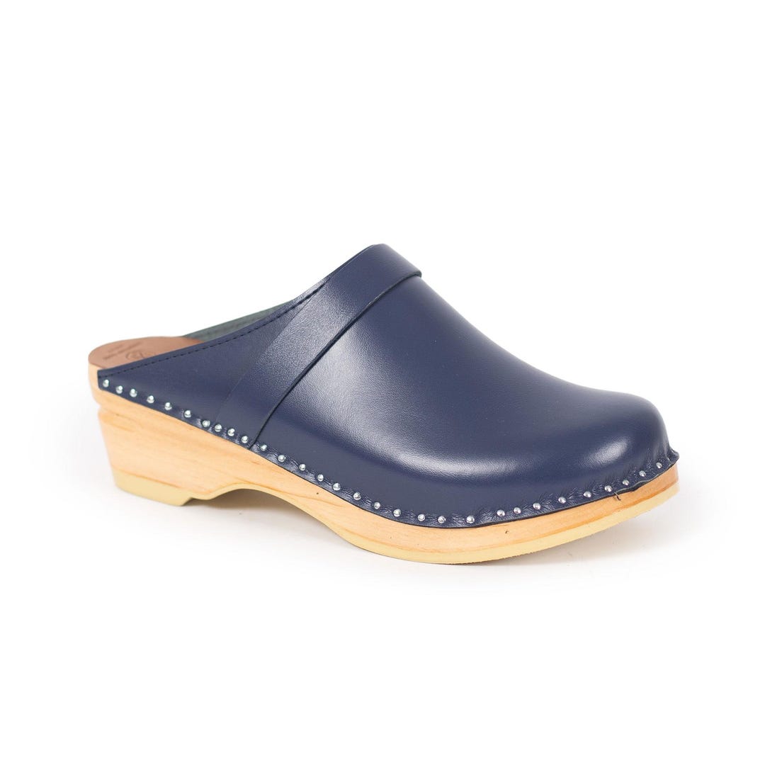 Navy Leather Clogs: Unisex Swedish Wooden Mules