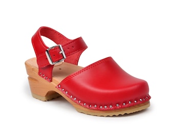 Red Leather Kids Clogs: Troentorp Swedish Sandals