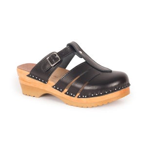 Black Leather Mary Jane Clogs: Swedish Troentorp Adjustable Sandals