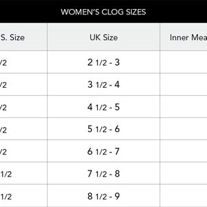 May include: A chart showing women's clog sizes in European, US, and UK sizes, along with the corresponding inner measurement in millimeters and inches.