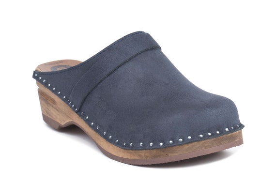 navy suede clogs