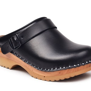 Clogs with Heel Strap, Swedish Clogs for Women and Men, Wooden Heels, Bastad Troentorp Handmade Clogs, Johansson Black Leather Clogs