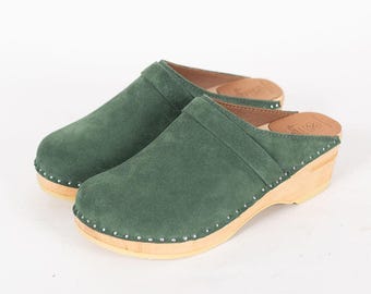 Swedish Green Suede Leather Clogs: Bastad Treontorp Wooden Mules
