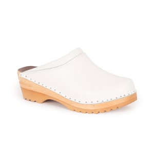 White Leather Clogs: Wooden Comfy Shoes for Work