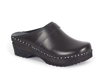 Troentorp Swedish Clogs: Black Leather Unisex Wooden Clogs