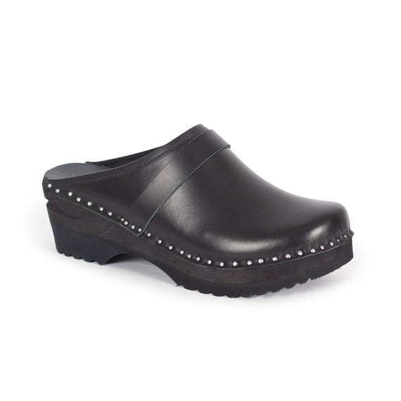 Troentorp Swedish Clogs: Black Leather Unisex Wooden Clogs  display picture 1