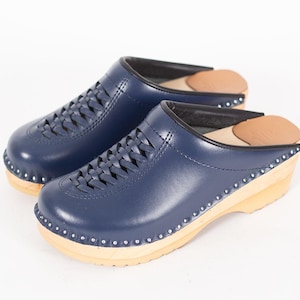 Dark Blue Leather Clogs: Braided Swedish Wooden Mules