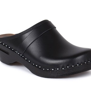 Swedish Black Leather Clogs: Handmade Wooden Mules