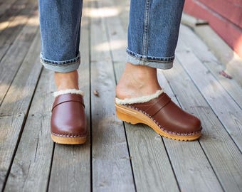 Brown Wool Lined Clogs: Troentorp Bastad Mules with Wooden Sole