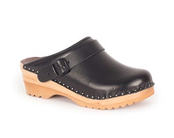Black Leather Clogs with Heel Strap: Handmade Swedish Wooden Heel Shoes