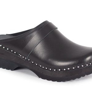 Troentorp Swedish Clogs: Black Leather Unisex Wooden Clogs