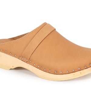 Light Tan Classic Clogs: Low Heel Wooden Mules