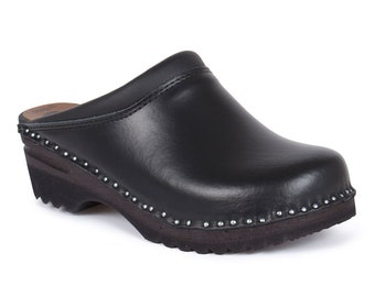 Zuecos suecos clásicos / Zueco cómodo de cuero negro Monet / Zuecos de trabajo / Zuecos de madera unisex / Zuecos de Troentorp bastad hechos a mano