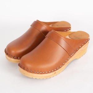 Cognac Brown Leather Clogs: Swedish Troentorp Mules, Low Heel image 7