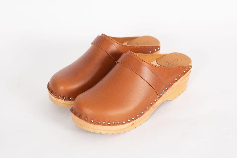 Cognac Brown Leather Clogs: Swedish Troentorp Mules, Low Heel image 7