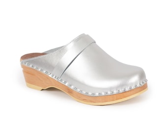 Silver Leather Clogs: Classic Swedish Metallic Shoes