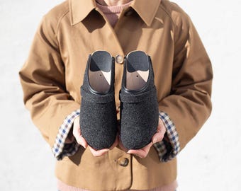 Felt Wool Clogs: Swedish Troentorp Grey Felt Mules, Low Heel