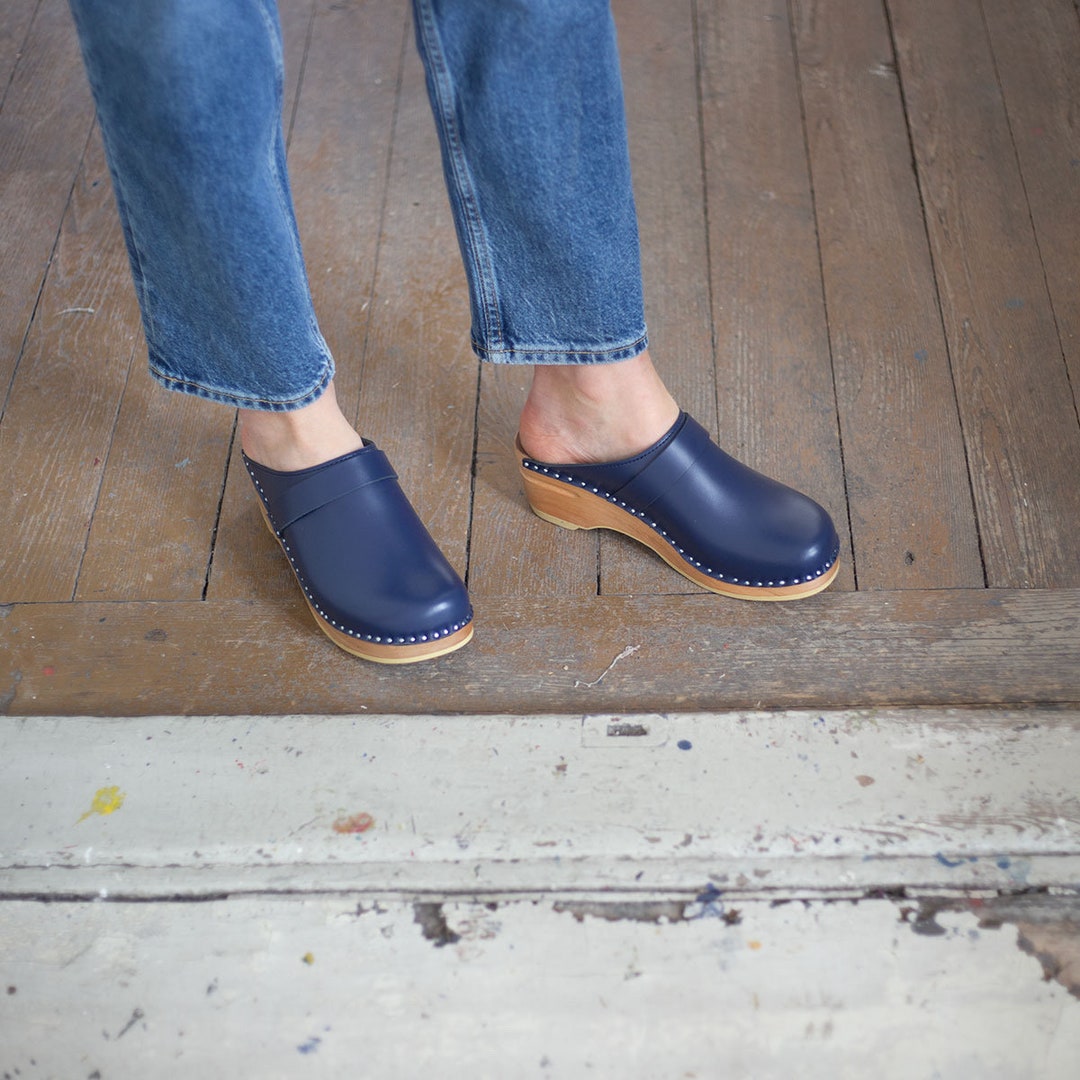 Navy Clogs, Dark Blue Wooden Clogs, Swedish Clogs for Women and 