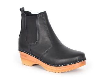 Chelsea Vegan Clog Boots: Low Heel, Black Ankle Booties