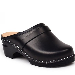 Kids Black Leather Clog: Swedish Wooden Bottom Shoe