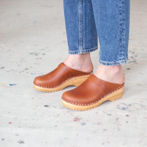Cognac Brown Leather Clogs: Swedish Troentorp Mules, Low Heel