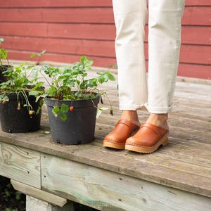 Cognac Brown Leather Clogs: Swedish Troentorp Mules, Low Heel image 9