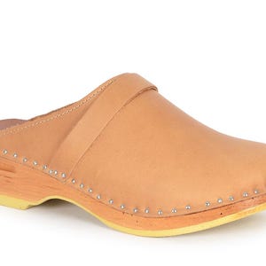Light Tan Classic Clogs: Low Heel Wooden Mules