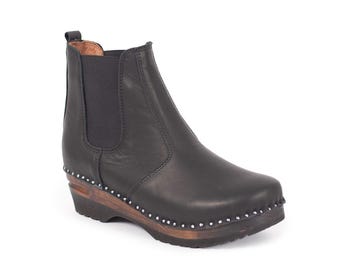 Black Leather Chelsea Clog Boots - Low Heel Swedish Booties - Rockwell Black Brown Wood