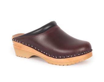 Brown Leather Swedish Clogs: Low Heel Work Mules