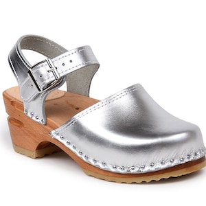 Silver Leather Kids Clogs: Swedish Wooden Sandals