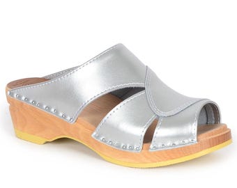 Silver Leather Clog Sandals: Swedish Wooden Open Toe Mules