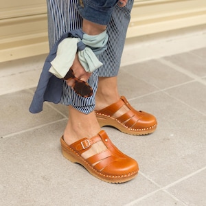 Brown Mary Jane Clogs: Cognac Leather Swedish Sandals