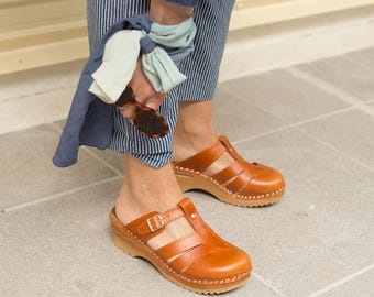 Brown Mary Jane Clogs: Cognac Leather Swedish Sandals