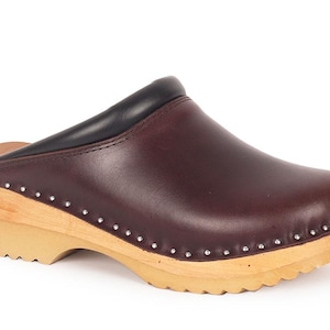 Brown Leather Swedish Clogs: Low Heel Work Mules