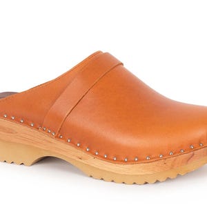 Swedish Brown Clogs, Comfortable Mules, Low Heel Wooden Clogs, Bastad Troentorp Clogs, Classic Clogs for Women, Da Vinci Cognac