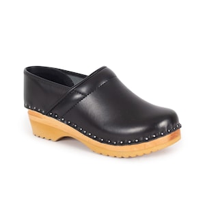 Black Leather Clogs: Troentorp Wooden Base, Arch Support
