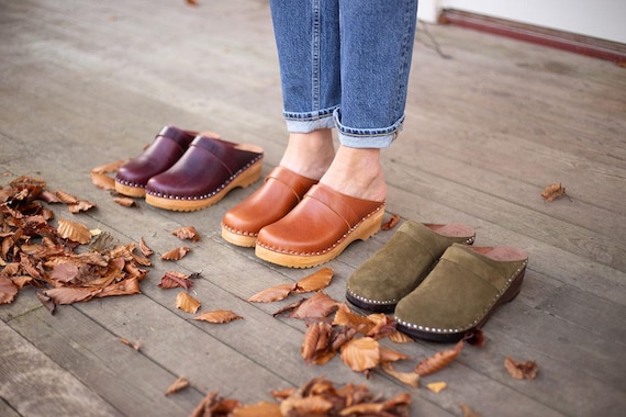 Cognac Brown Leather Clogs: Swedish Troentorp Mules, Low Heel